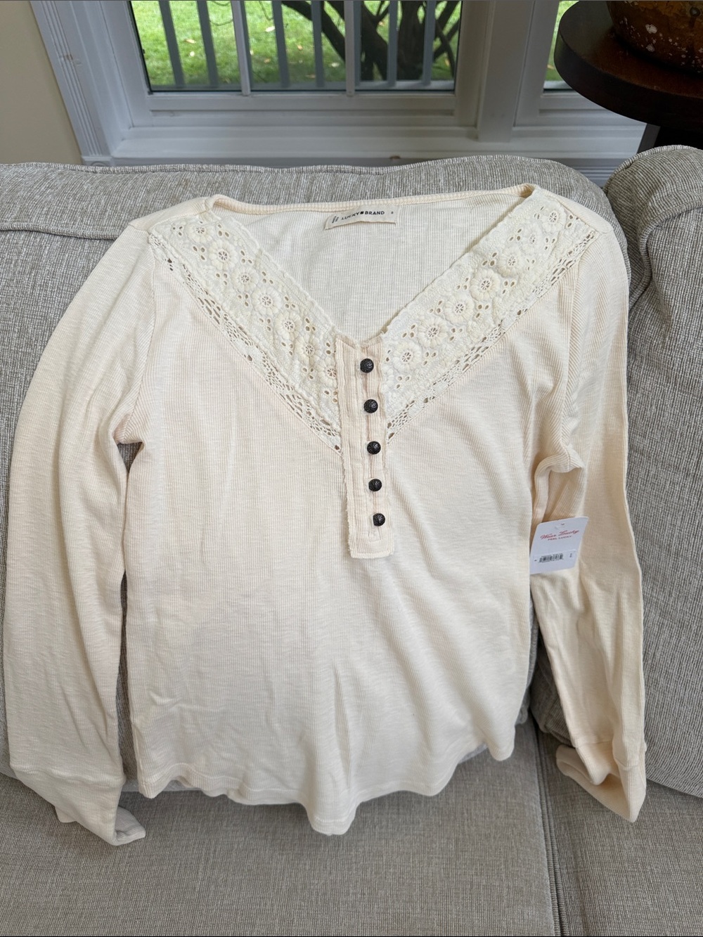 Lucky Brand Women’s Cream Lace-Trim Henley Top - Lightweight Long Sleeve
